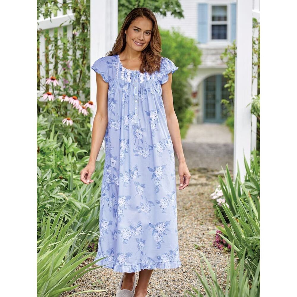 Eileen West Hydrangea Print Capri Cotton Nightgown Size Small Cottagecore